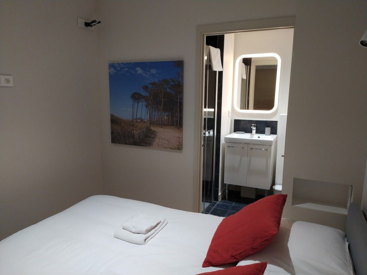 Une chambre d’hôtel avec un lit, un oreiller rouge, une serviette blanche, un tableau et une salle de bain visible à travers une porte ouverte.