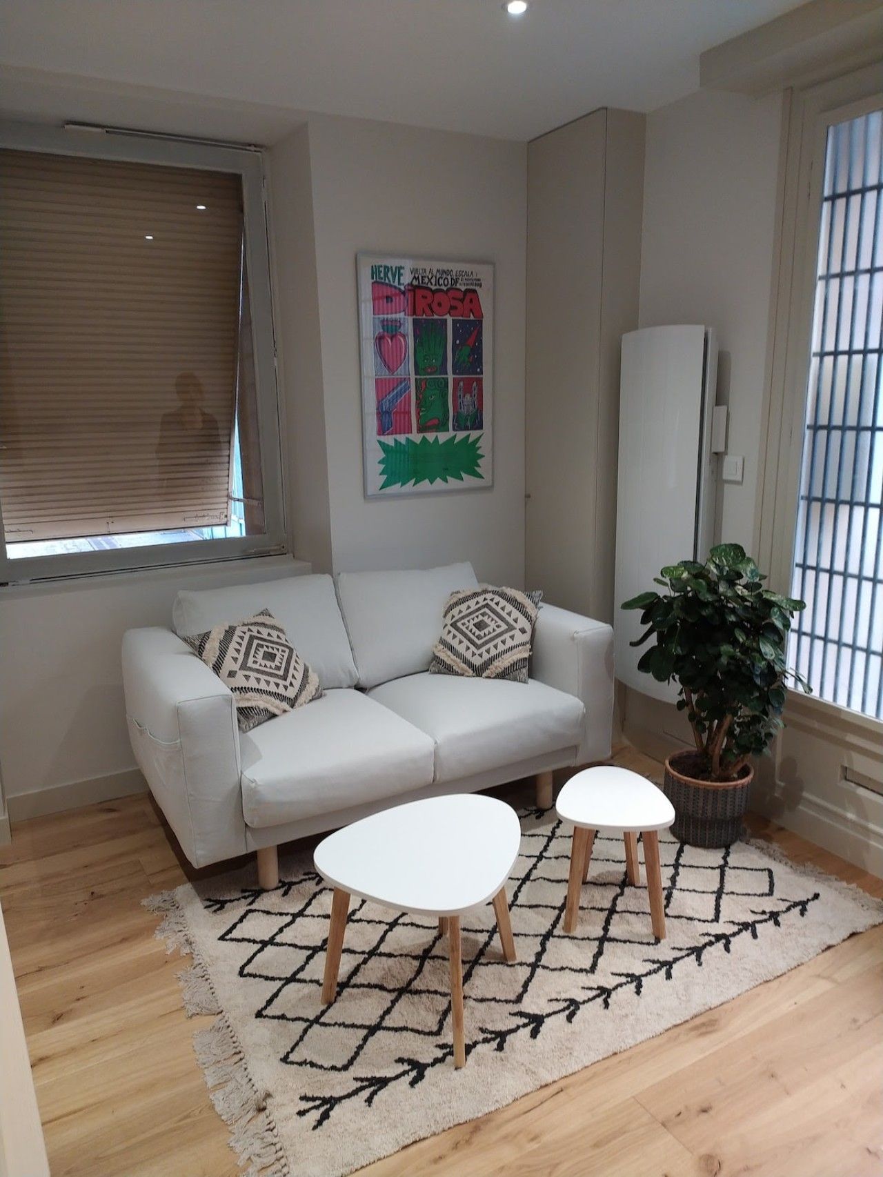 Una sala de estar moderna con un sofá blanco, dos mesitas auxiliares blancas, un tapete estampado, una planta en maceta y un póster colorido en la pared.
