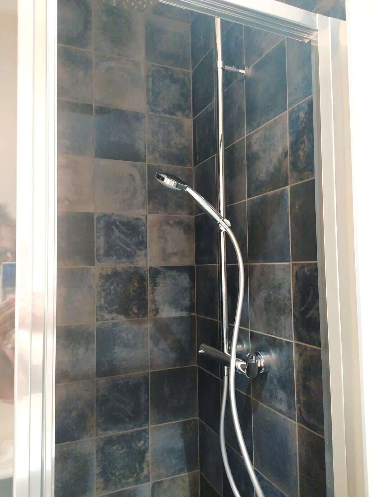 Shower, hair dryer, shampoo