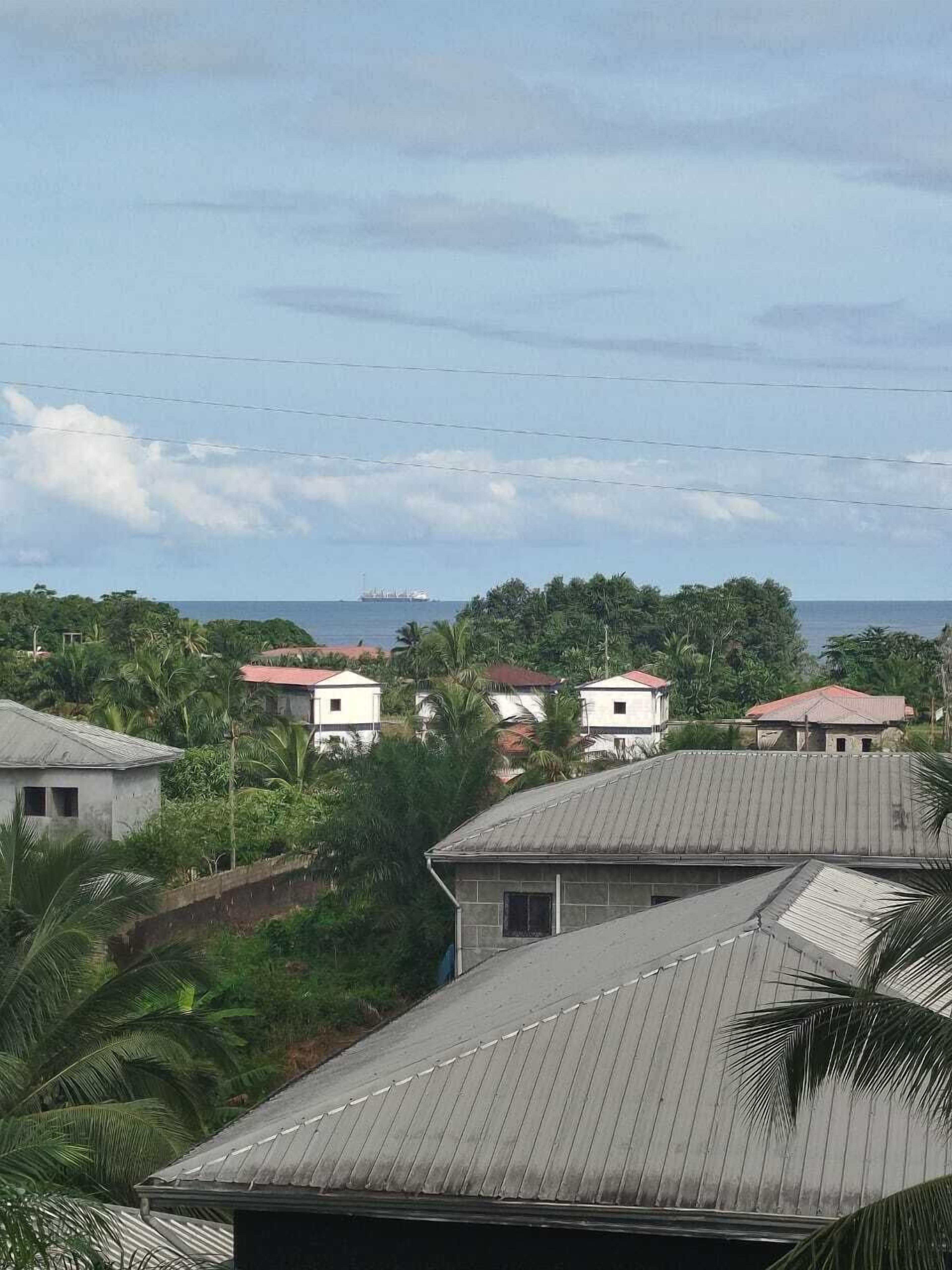 A coastal residential area with houses, a ship in the distance, and a clear sky.