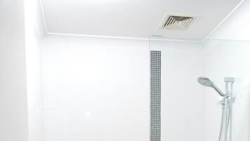 Shower, hair dryer, towels, toilet paper