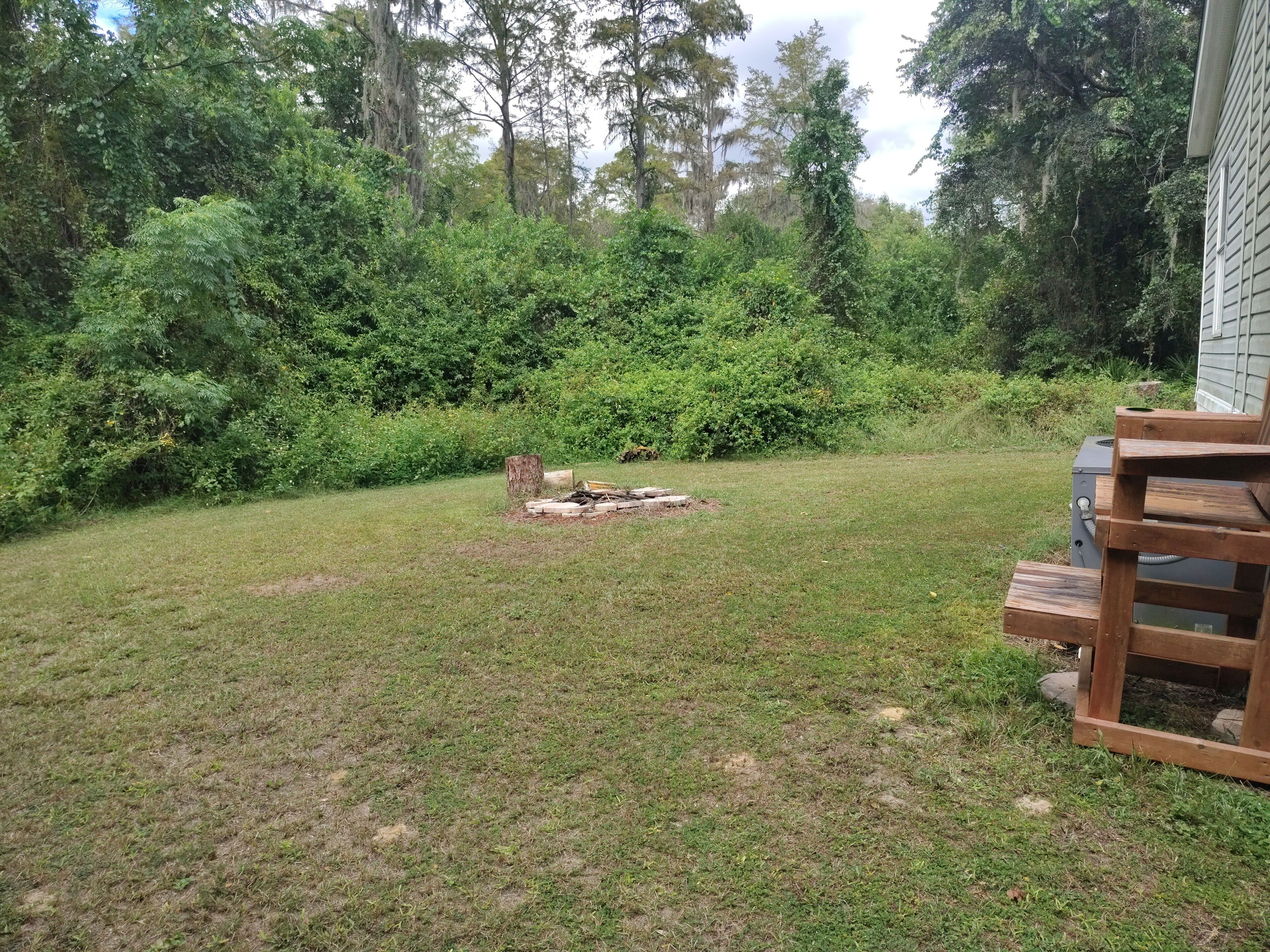 A grassy backyard with a wooden bench, a fire pit, and dense foliage.