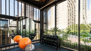 Un gimnasio con equipo de ejercicio y mancuernas, ventanas amplias con vistas a edificios altos y zonas verdes.