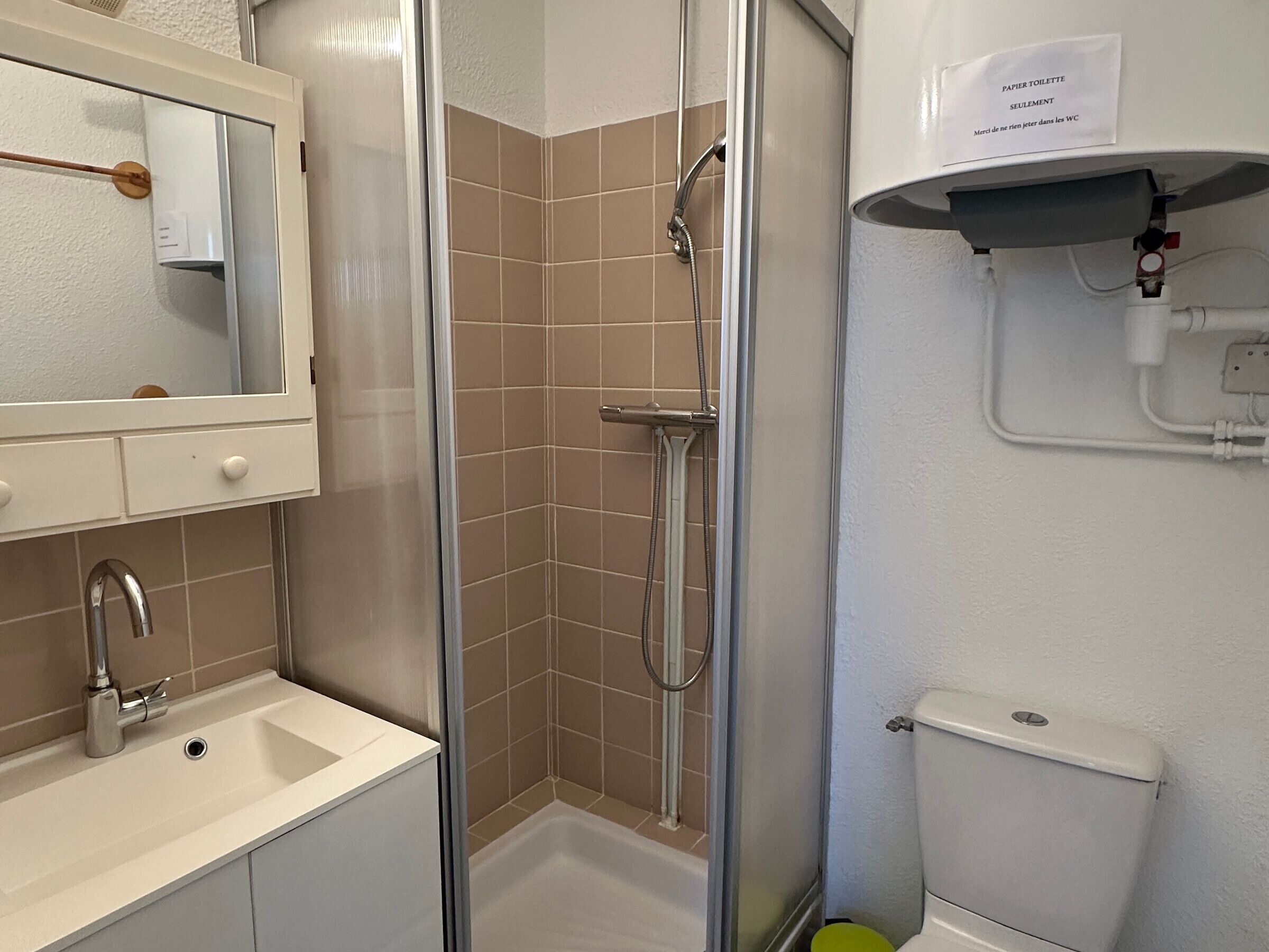 Un baño con ducha, lavamanos, espejo e inodoro.