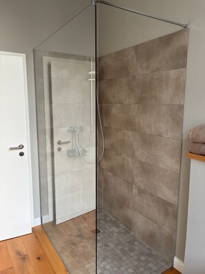Shower, hair dryer, towels, toilet paper