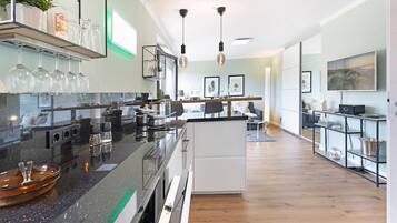Fridge, microwave, oven, stovetop