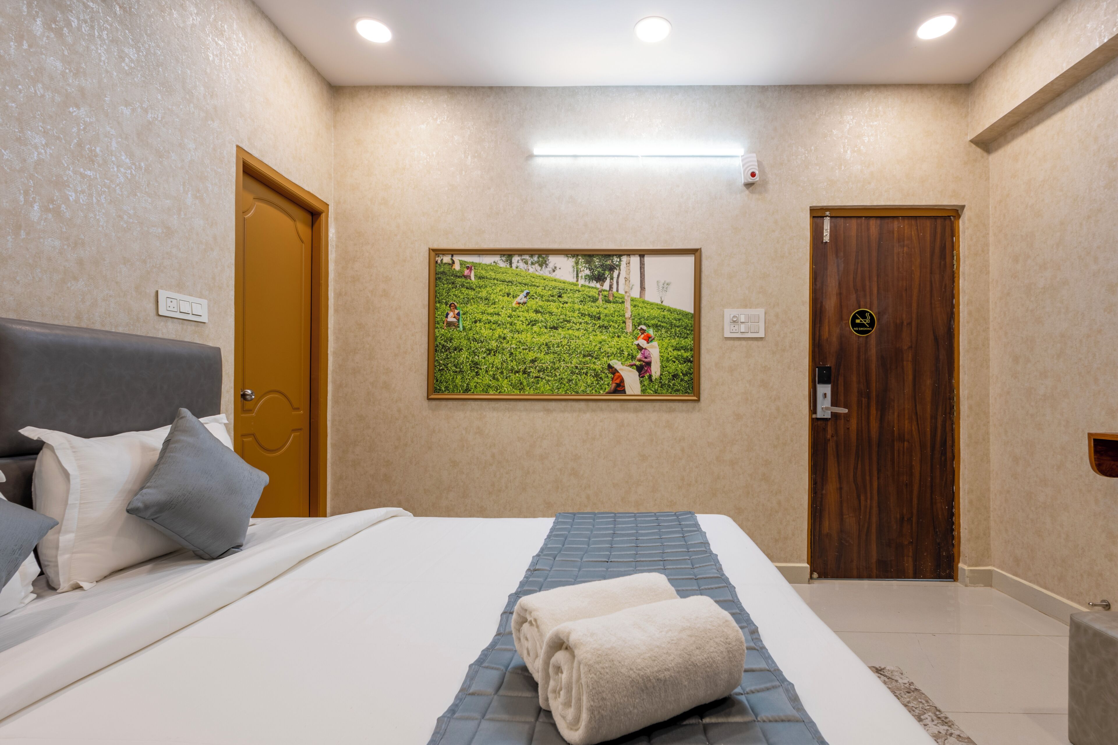 Een hotelkamer met een bed, kussens, een ingelijste foto aan de muur en een houten deur.