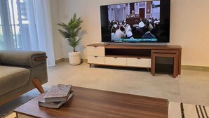 Un salon comprenant un téléviseur, un canapé, une table basse et des objets de décoration.