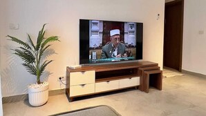 Un salon comprenant un téléviseur, une plante en pot, un canapé et un meuble de rangement en bois.