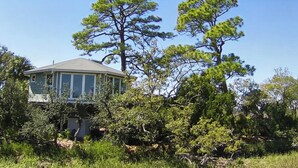 Una casa con un'ampia finestra, circondata da alberi e vegetazione.