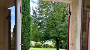 Una habitación con ventana que da a un jardín, una planta en maceta y un árbol.