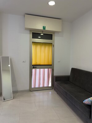A room with a door, a sofa, and a mirror. - Two-room apartment cervia mirabilandia zoo safari (Fosso Ghiaia)