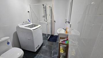 Shower, hair dryer, bidet, towels