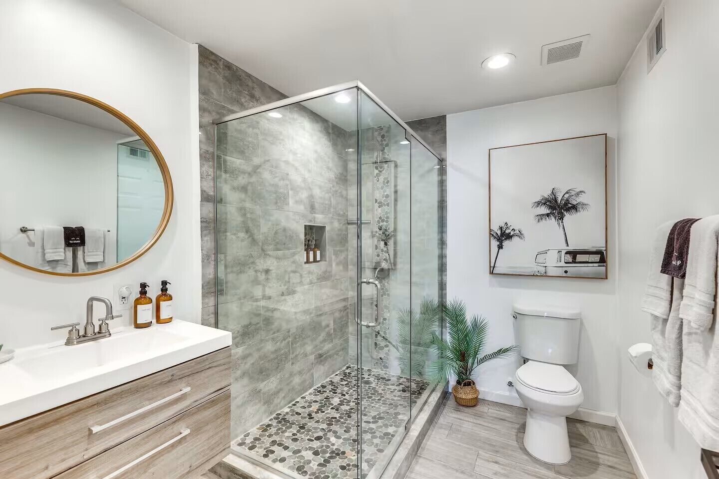 Hair dryer, towels, soap, toilet paper