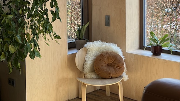 A modern room with a wooden floor, a cushioned chair, a window with a view of trees, and a potted plant on the windowsill. - Stylish, Sustainable Apartment in Bree (Bree)