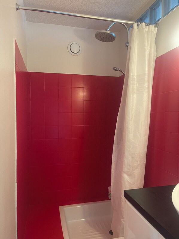 Shower, towels, soap, toilet paper
