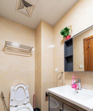 Bidet, towels, soap, toilet paper