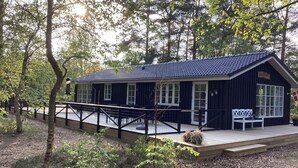 A small, dark wooden building with a sloped roof, a covered porch, and a flag. - 4 Star Holiday Home in Hadsund (Hadsund)