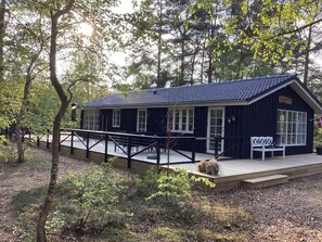 A small, dark wooden building with a sloped roof, a covered porch, and a flag. - 4 Star Holiday Home in Hadsund (Hadsund)