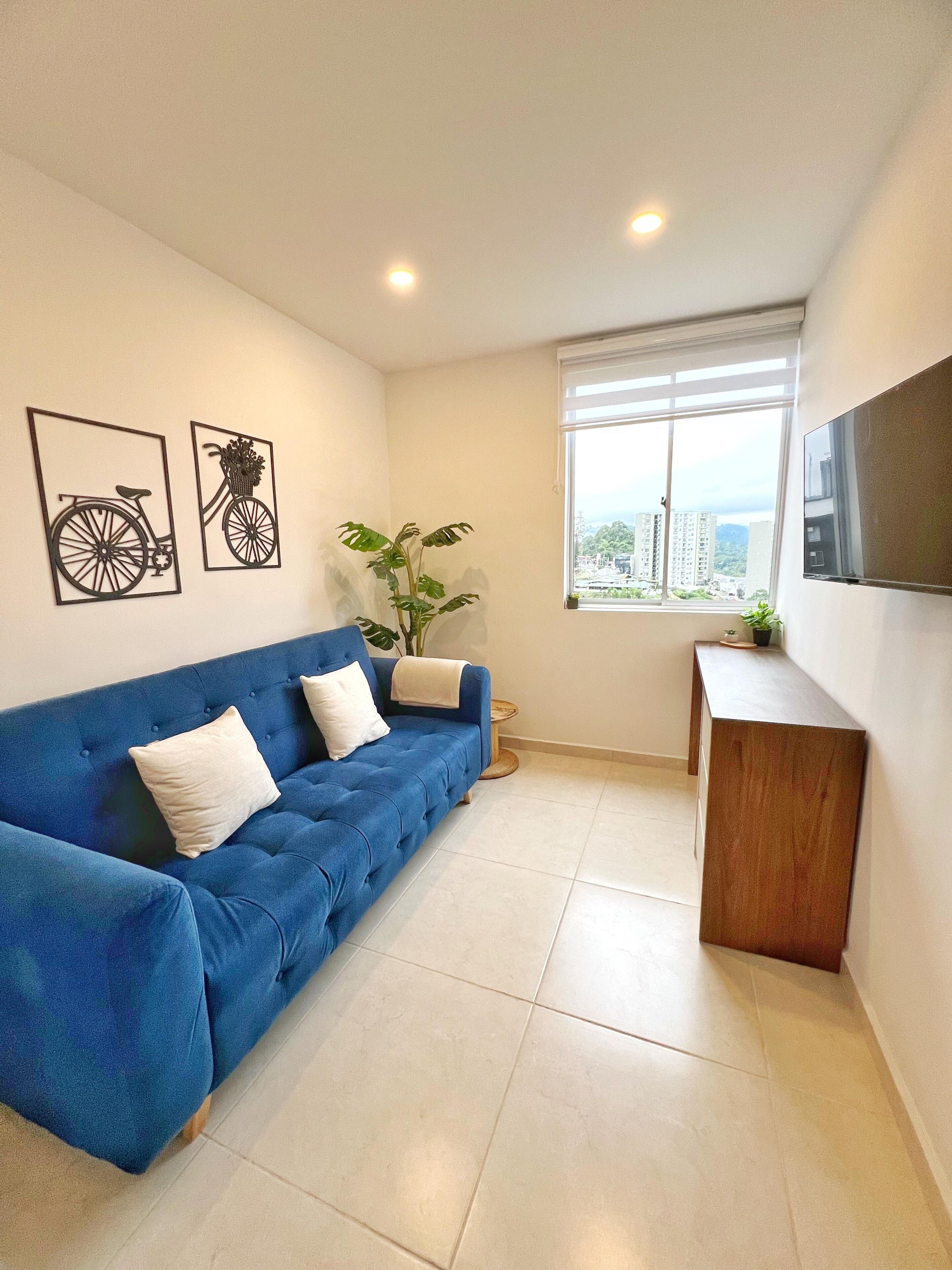 Een kamer met een blauwe bank, een klein houten tafeltje, een plant in pot en twee kunstwerken aan de muur.