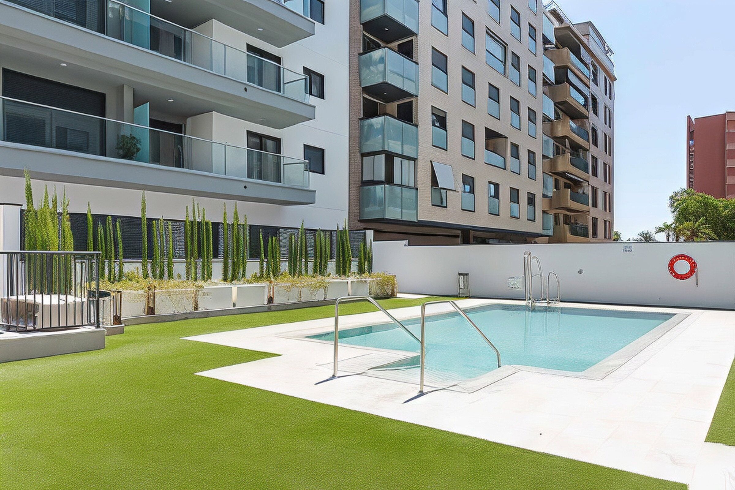 Un edificio moderno con zona de piscina en la azotea, que incluye una alberca y una pequeña terraza.