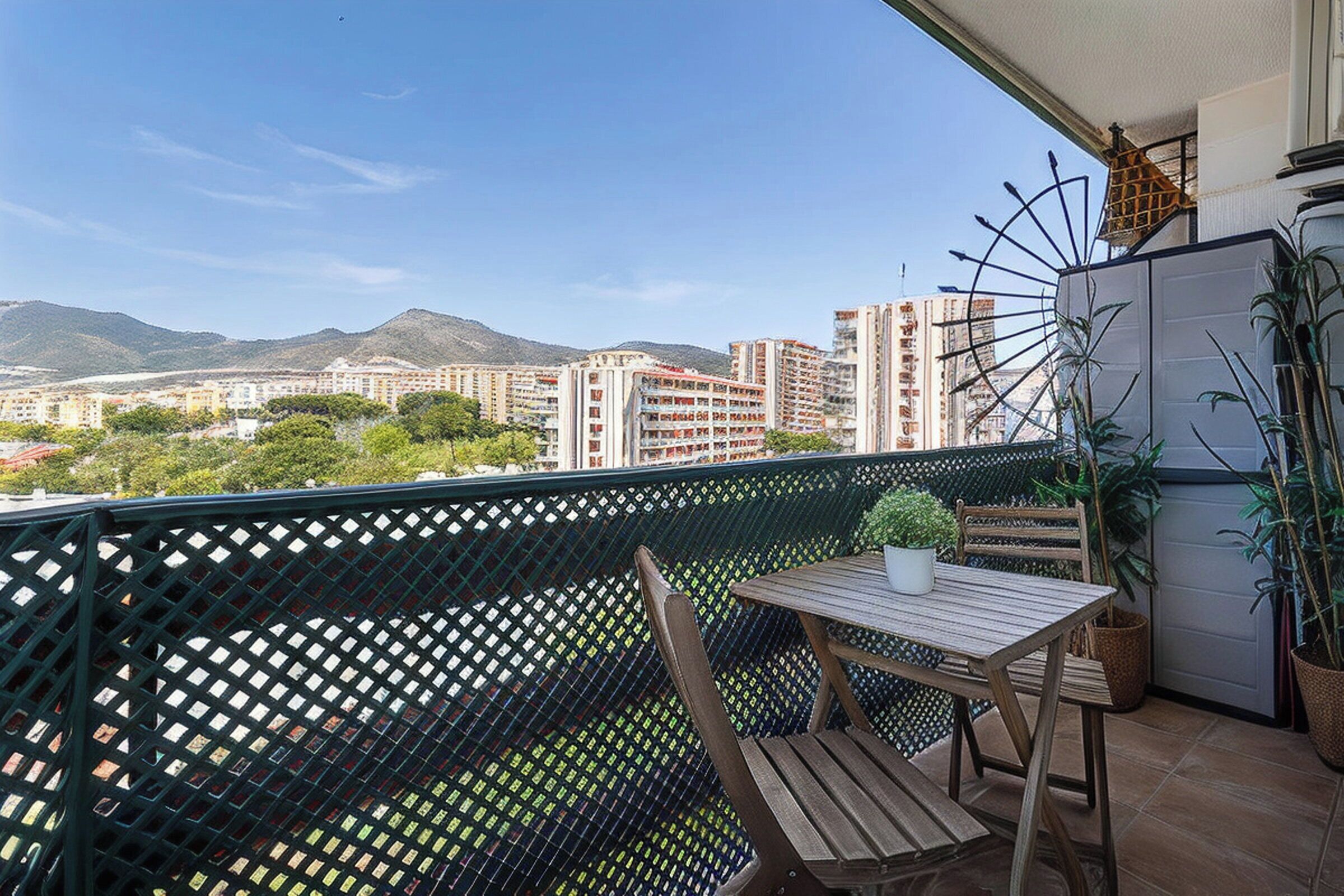 A balcony with a table and chairs, a potted plant, and a view of a cityscape with buildings and mountains in the distance.