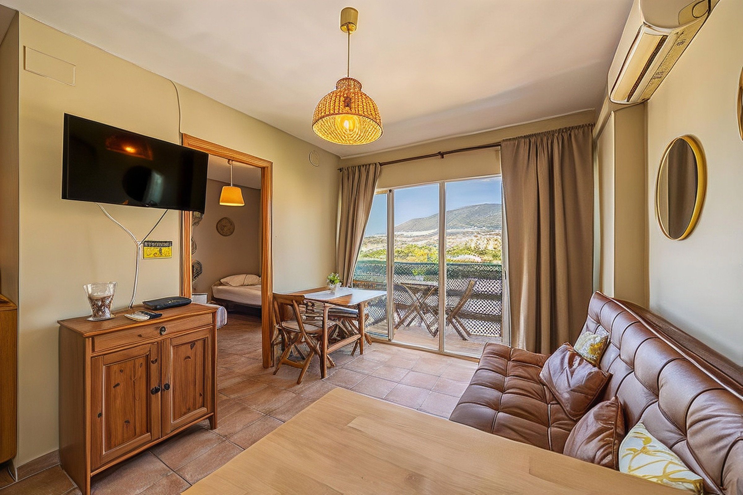 A furnished living room with a television, a dining table, and a sofa.