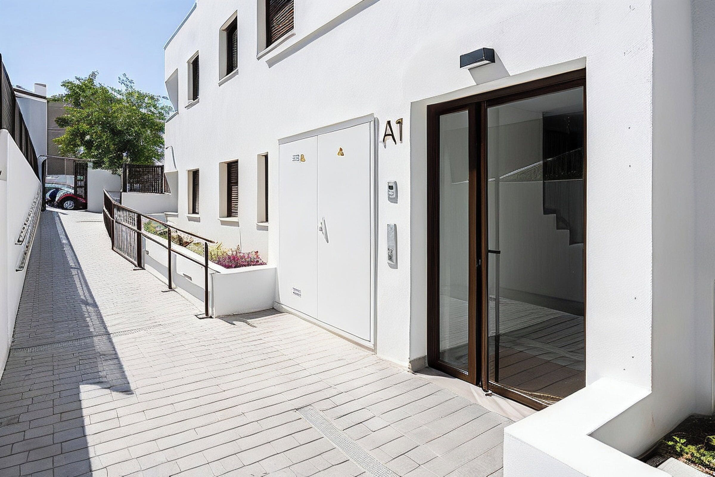 A modern building with a white facade, a glass entrance, and a wooden deck.