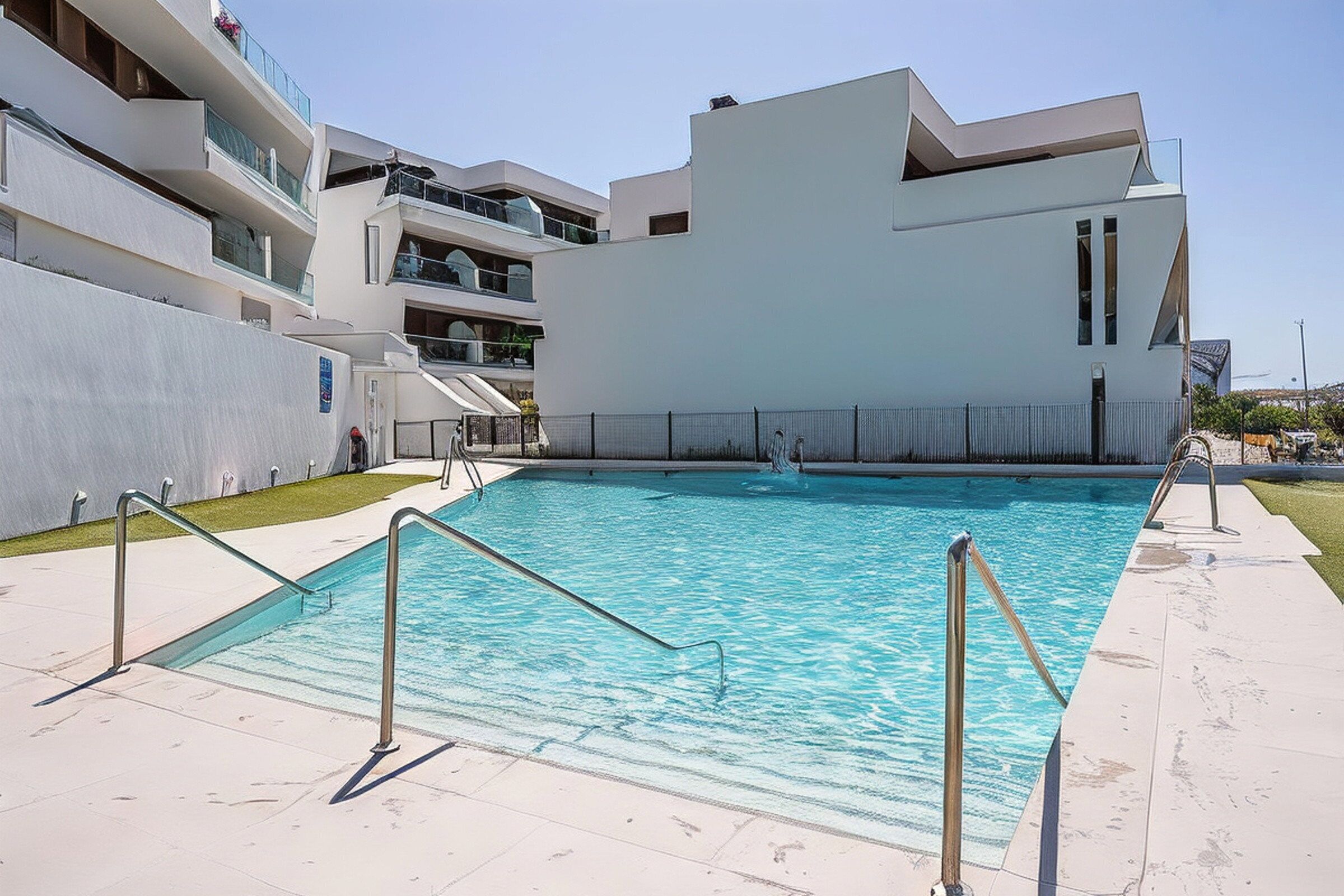 A swimming pool with a modern architectural setting, surrounded by a white building with balconies.