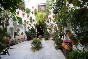 A courtyard with potted plants and a tiled floor. - Cordoba in Bloom Steps from Alcazar & Mosque (Cordoba)