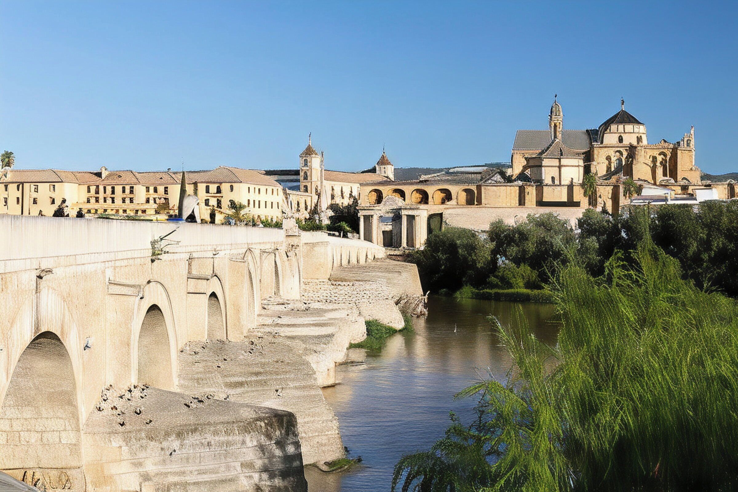 Un puente de piedra con arcos que cruza un río, dando acceso a un conjunto arquitectónico histórico con múltiples torres y arcos.
