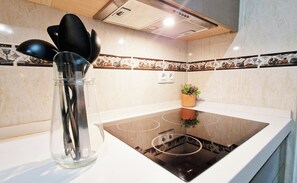 A kitchen with a modern induction cooktop, a clear glass utensil holder with black utensils, and a small potted plant on the counter. - Las vides de moriles (Cordoba)