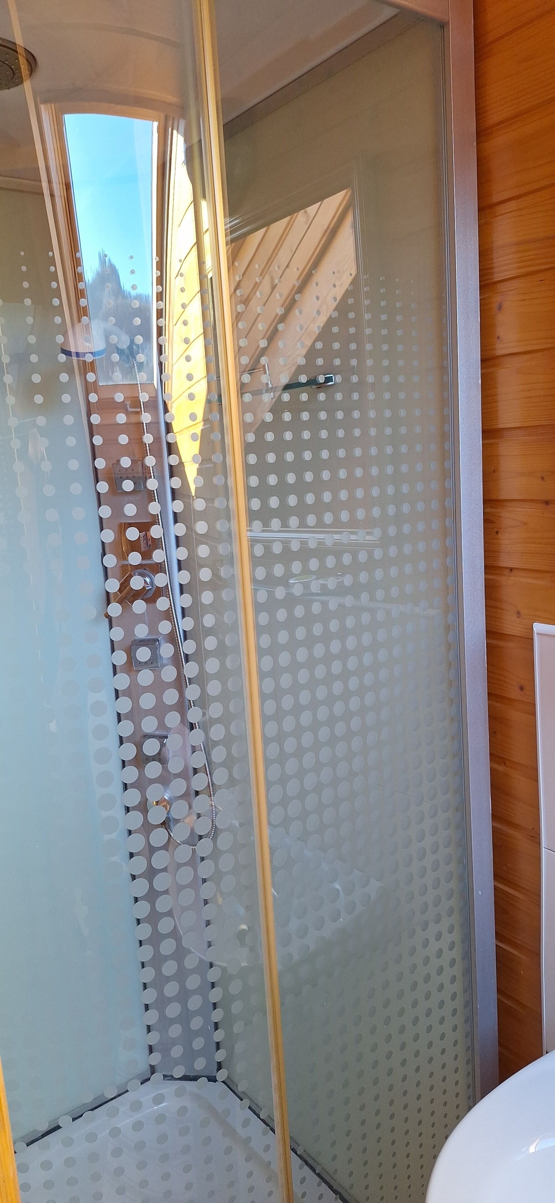 Shower, slippers, towels, soap
