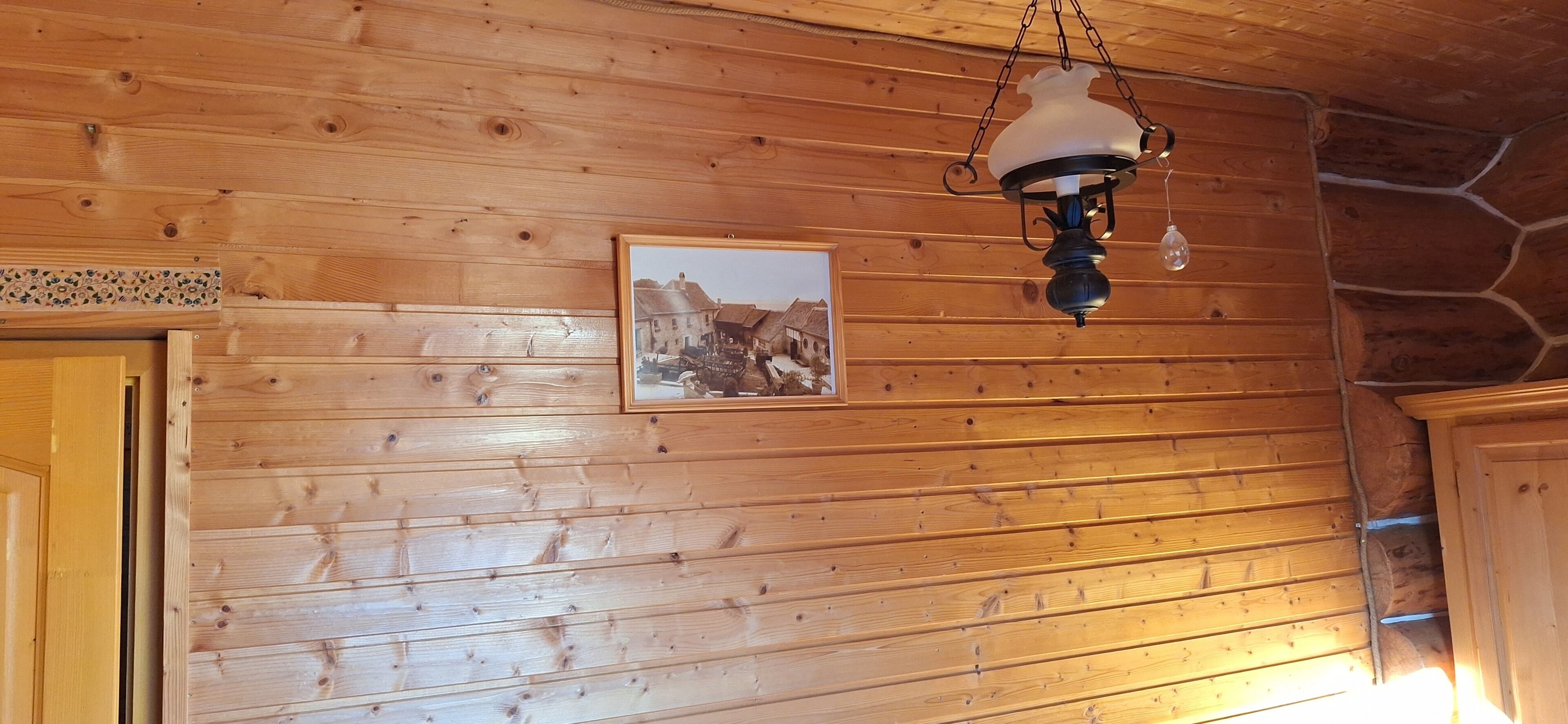 A wooden wall with a framed picture, a hanging light fixture, and a door.