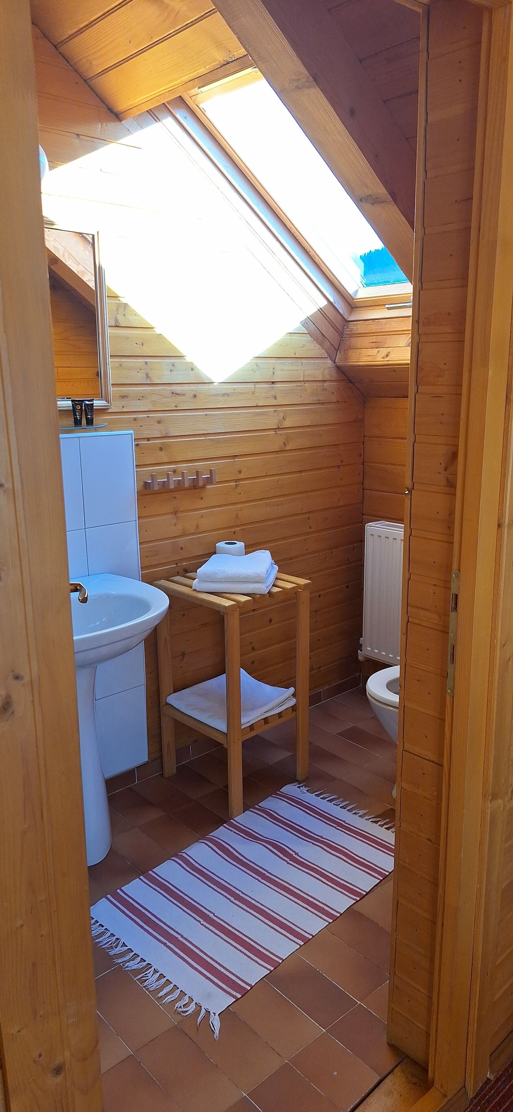 Un bagno in una cabina di legno con finestra a soffitto, un lavandino, un water e una piccola sedia di legno.
