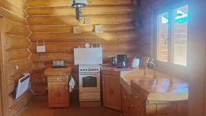 A wooden cabin interior with a kitchen area including a stove, oven, and sink. - Chalet Rosehip Flowers 4-6 Traveling (Rasnov)