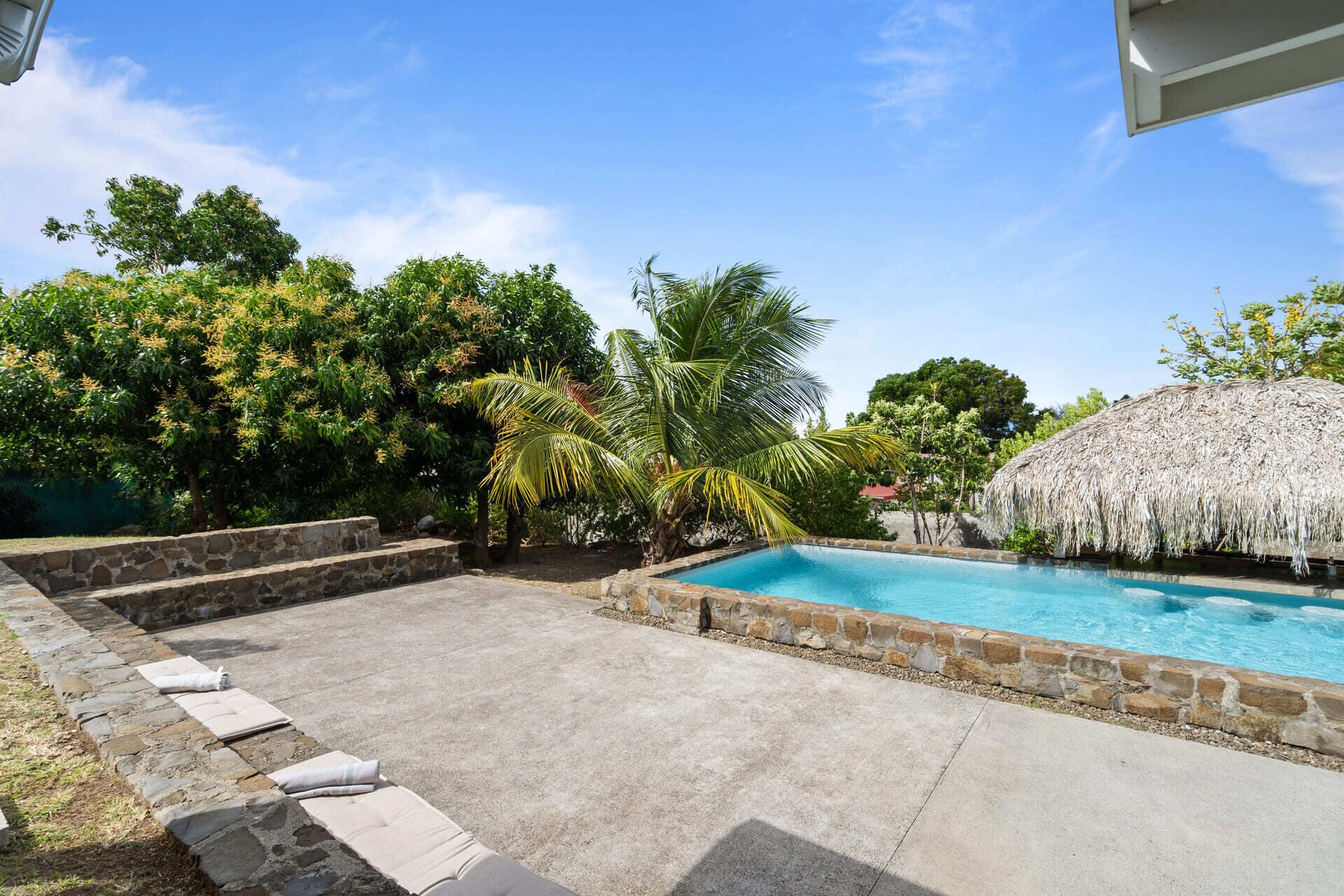 A swimming pool with a stone border, a thatched-roof structure, and surrounding greenery.