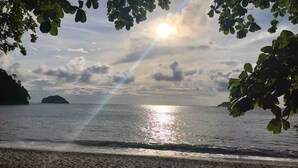 Ein Strand mit von der Sonne glitzerndem Wasser, umgeben von Vegetation.