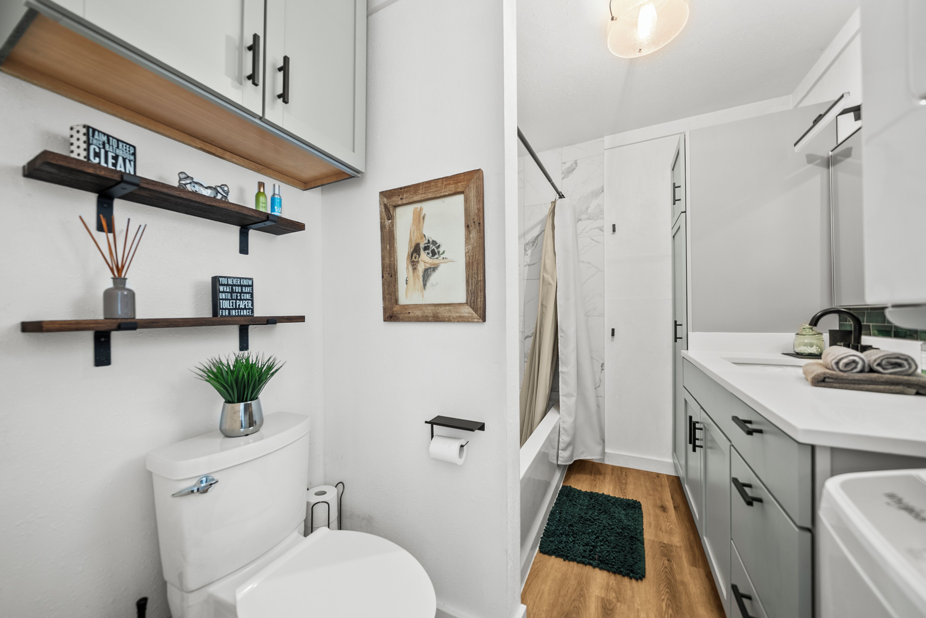 A modern bathroom with a toilet, sink, and shower. There are wooden shelves with decorative items and a framed picture on the wall.