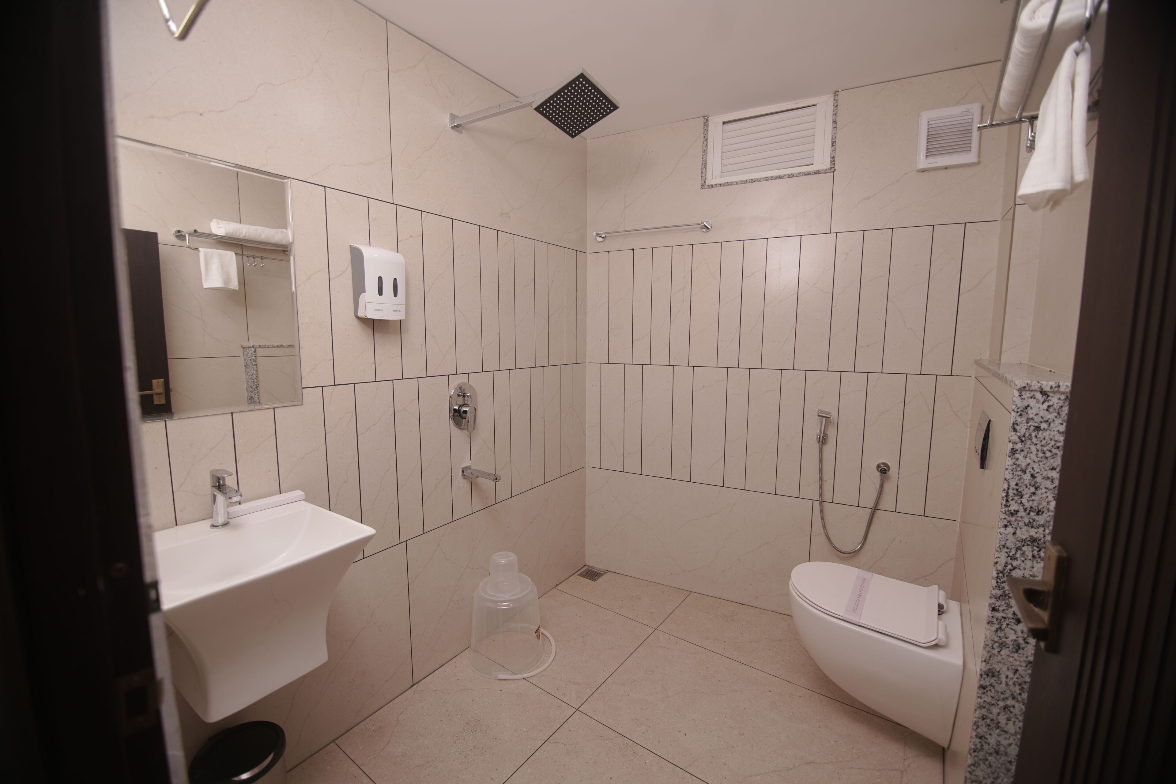Separate bathtub and shower, towels, soap, shampoo