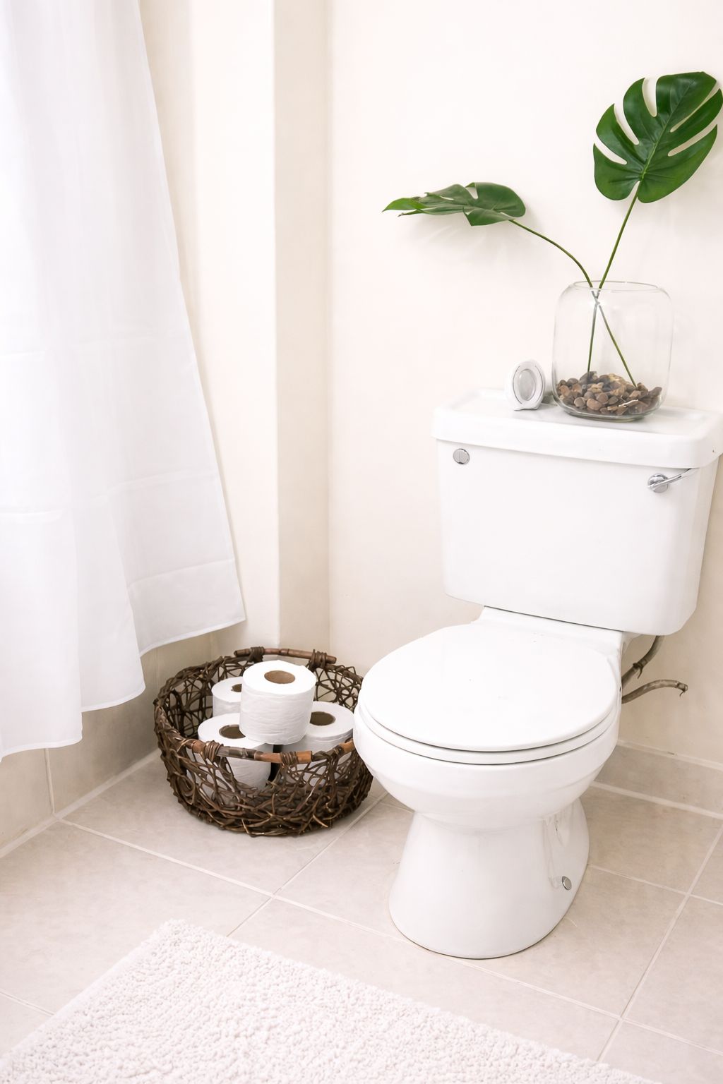 Ein Badezimmer mit Toilette, einem Korbwannen-Korb mit Toilettenpapier, einem weißen Teppich und einer Pflanze an der Wand.