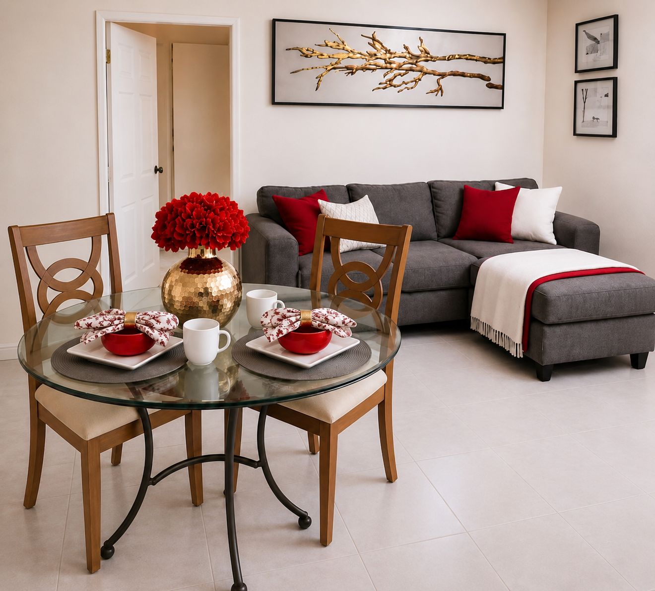 A dining area with a glass table, chairs, and a vase with red flowers.