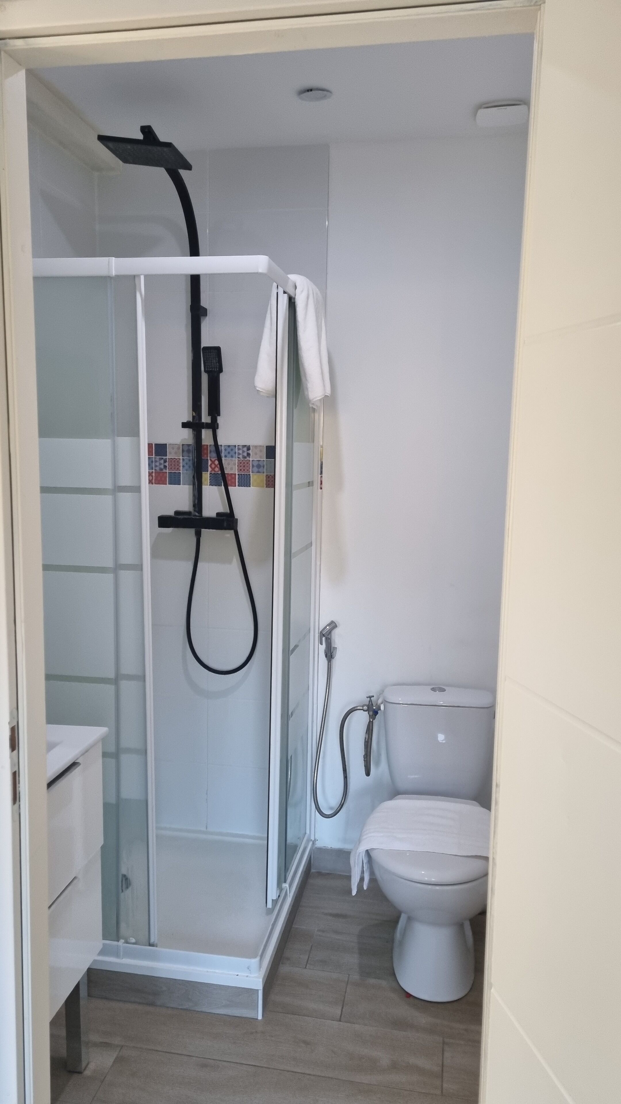 Regadera, toallas, papel de baño 