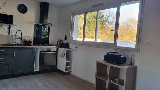 Une cuisine moderne équipée d’une cuisinière, d’un four et d’un four à micro-ondes. Une fenêtre offre une vue sur les arbres.