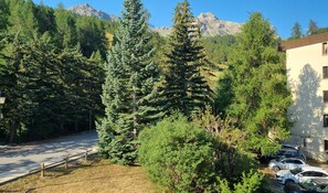 A residential area with a road, parked cars, and dense greenery. - Ski-in/ski-out studio with balcony (Enchastrayes)