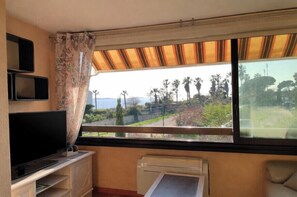 A room with a television, a window with a view of palm trees, and a radiator. - Sea view flat with pool & parking in Six-Fours (Six-Fours-les-Plages)
