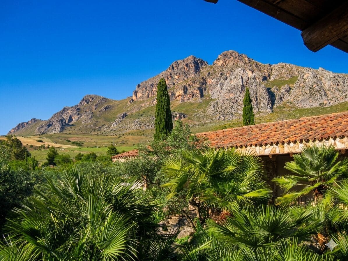 A mountainous landscape with a building featuring a tiled roof and palm trees in the foreground.