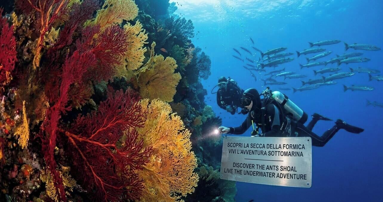 A diver with a sign about an underwater adventure.