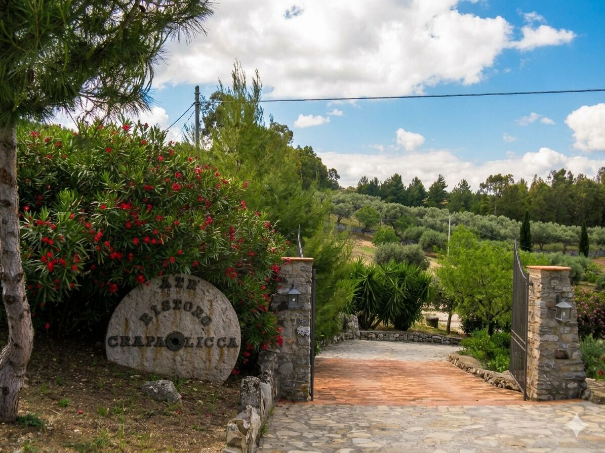A stone entrance gate with a sign, surrounded by greenery and trees.