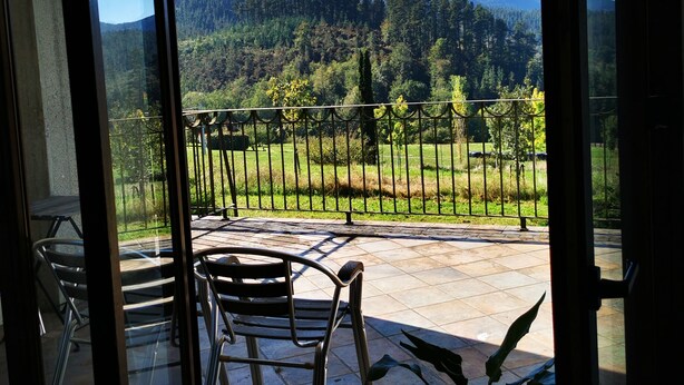 A balcony with a view of a mountainous landscape, a potted plant, and a metal chair.